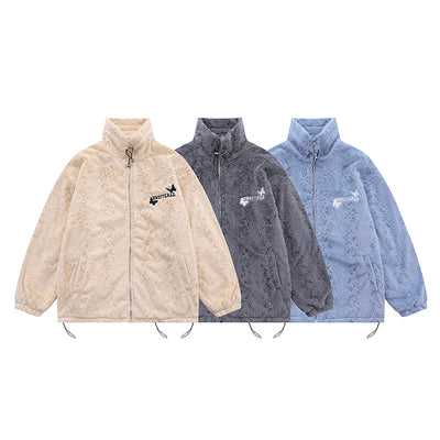 Butterfly Paste Cloth Embroidery Plus Double-sided Plush Stand Collar Coat