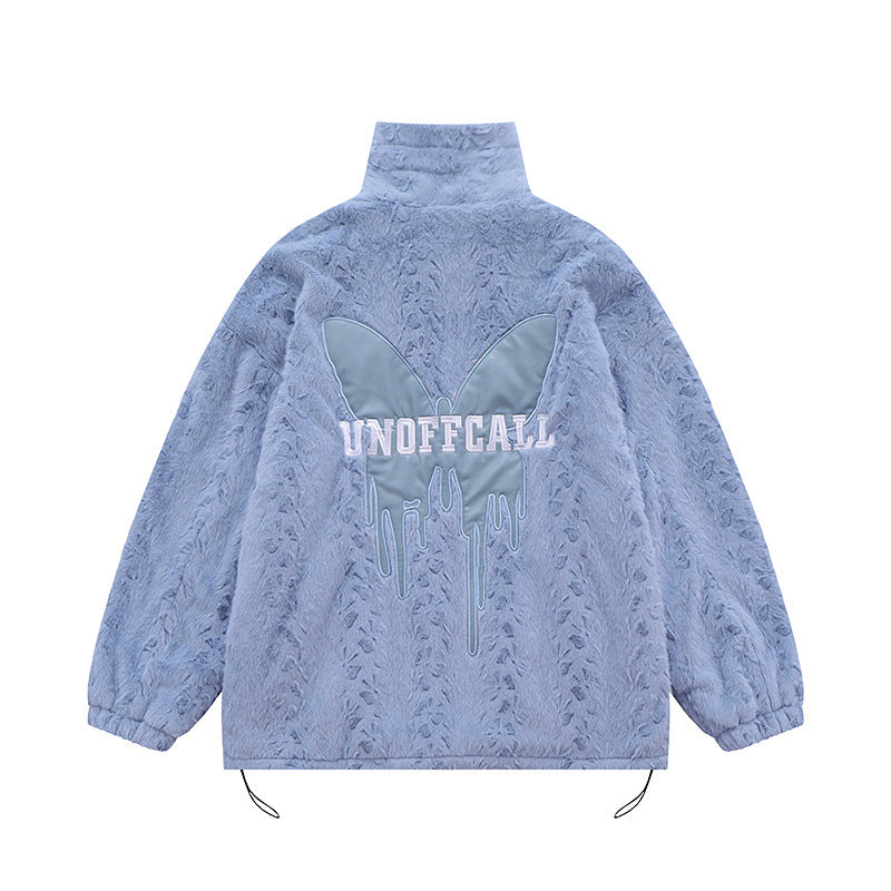 Butterfly Paste Cloth Embroidery Plus Double-sided Plush Stand Collar Coat