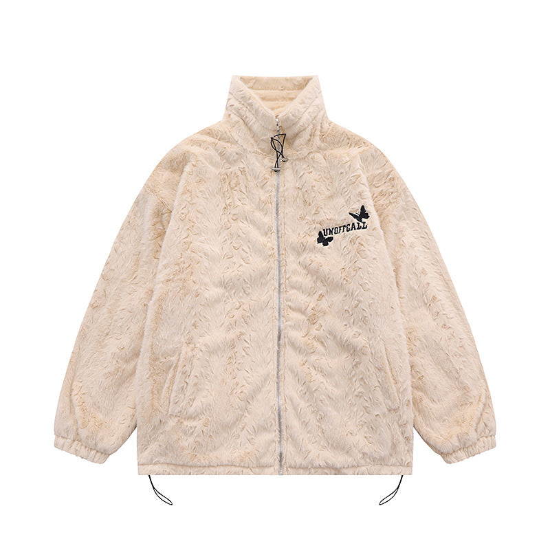 Butterfly Paste Cloth Embroidery Plus Double-sided Plush Stand Collar Coat