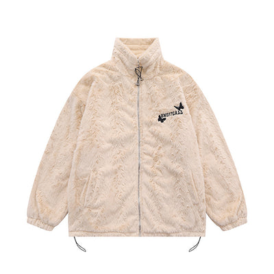 Butterfly Paste Cloth Embroidery Plus Double-sided Plush Stand Collar Coat