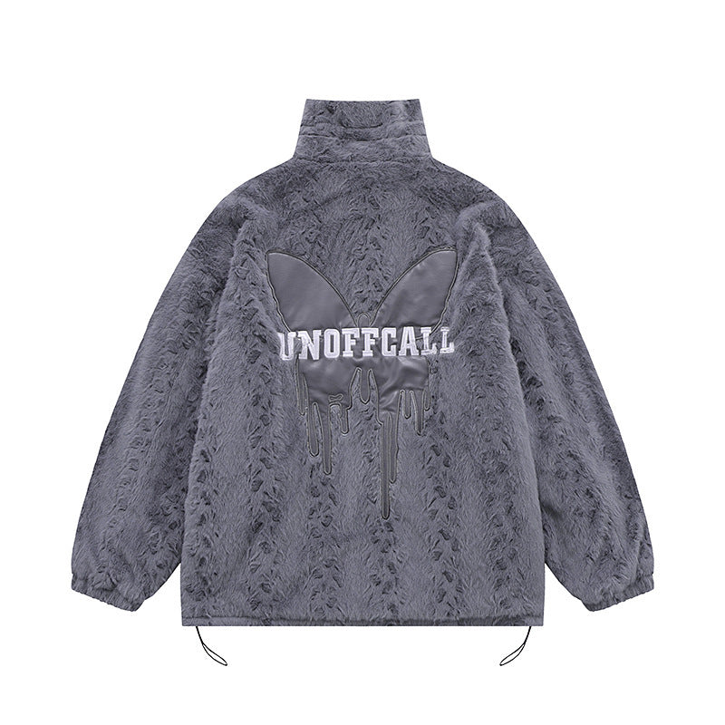 Butterfly Paste Cloth Embroidery Plus Double-sided Plush Stand Collar Coat