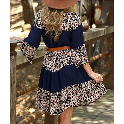 New Women's Clothing Printed Round Neck Pullover Bell Sleeve Dress Women